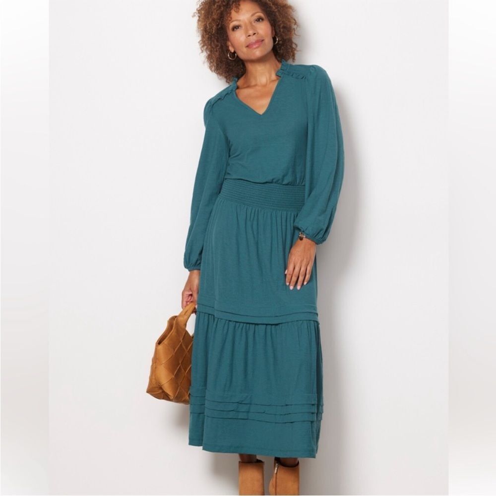 Nation Esta Yoked Tiered Smocked Teal Midi Pima Cotton Dress Size Small